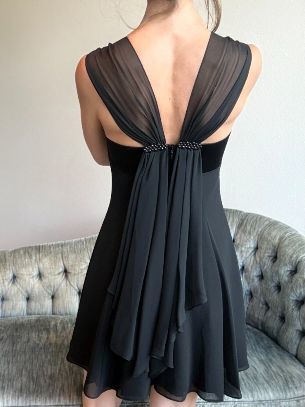 💝SOLD💝 Vintage Black Cocktail Dress Sheer Open Back Fit Flare 2 Chiffon - Picture 7 of 12